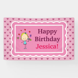 Birthday Girl, Love Hearts, Flowers, Butterflies Banner