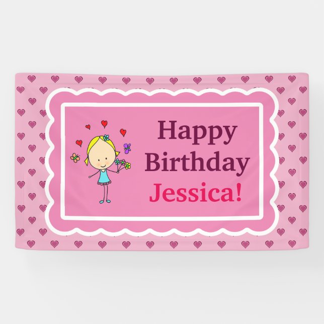 Birthday Girl, Love Hearts, Flowers, Butterflies Banner (Horizontal)