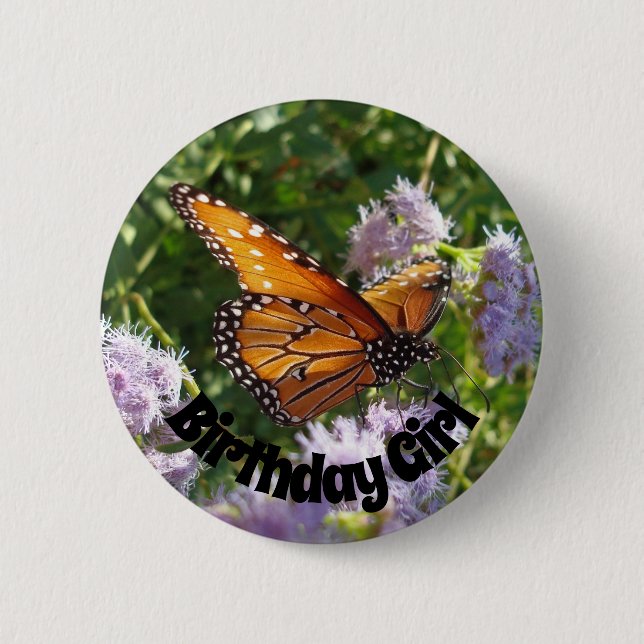 Birthday Girl Monarch Butterfly Photo Floral 6 Cm Round Badge (Front)