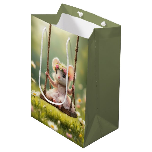 Birthday Girl Mouse On a Garden Swing Medium Gift Bag (Front Angled)