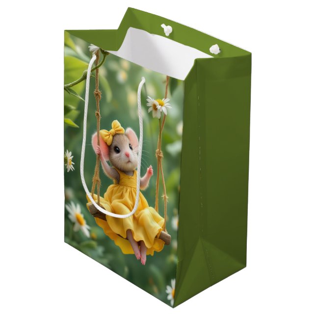 Birthday Girl Mouse On a Garden Swing Medium Gift Bag (Front Angled)