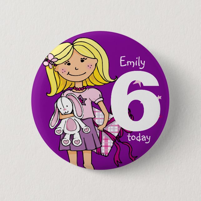 Birthday girl name and age button / badge purple (Front)