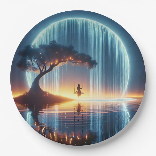Birthday Girl On Swing In Moon Waterfall Paper Plate (Front)
