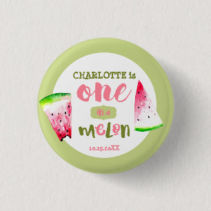 Birthday girl one in a melon watercolor pink green 3 cm round badge