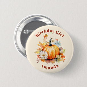 Birthday Girl Orange Pumpkin and Flowers Autumn 6 Cm Round Badge