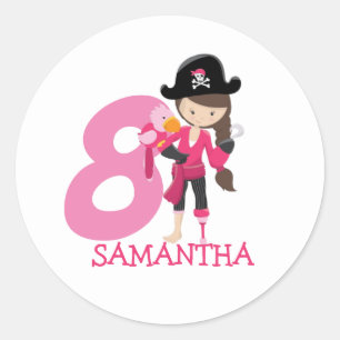 Birthday GIRL ParrotParty Pirate 8th Name   Classic Round Sticker