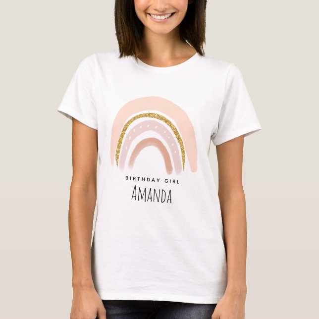 Birthday Girl Pastel Pink & Faux Glitter Rainbow T-Shirt (Front)