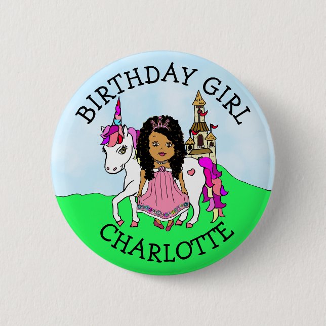 Birthday Girl Personalise Button Princess Unicorn (Front)