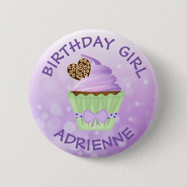 Birthday Girl Personalised Purple Cupcake Button (Front)