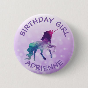 Birthday Girl Personalised Purple Unicorn Button