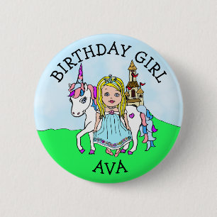 Birthday Girl Personalize Button Princess Unicorn
