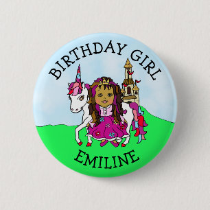 Birthday Girl Personalize Button Princess Unicorn