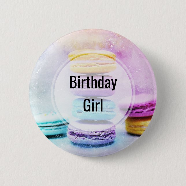 Birthday Girl Photo of Colourful Delicious Macaron 6 Cm Round Badge (Front)