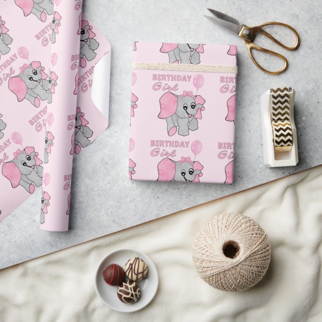 Birthday Girl Pink Baby Elephant   Wrapping Paper (Crafts)