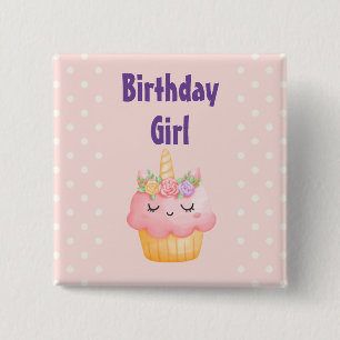 Birthday Girl - Pink Cupcake Unicorn with Roses 15 Cm Square Badge
