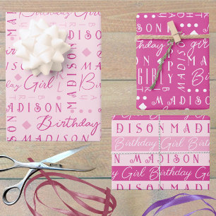 Birthday Girl Pink Cute Add A Name Personalised Wrapping Paper Sheet