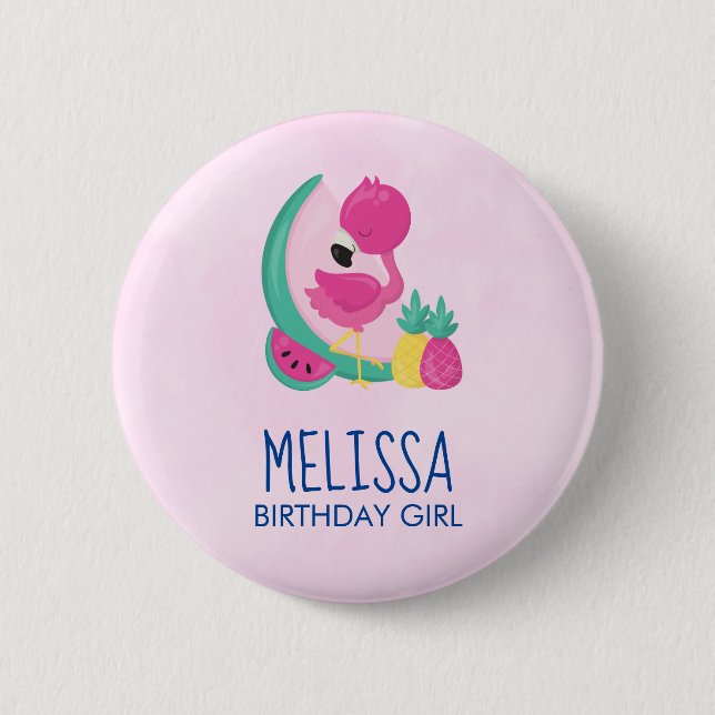 Birthday Girl Pink Flamingo Tropical Fruits 6 Cm Round Badge (Front)