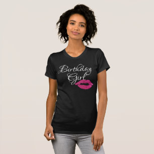 Birthday Girl Pink Glitter Lips Sparkle Black T-Shirt