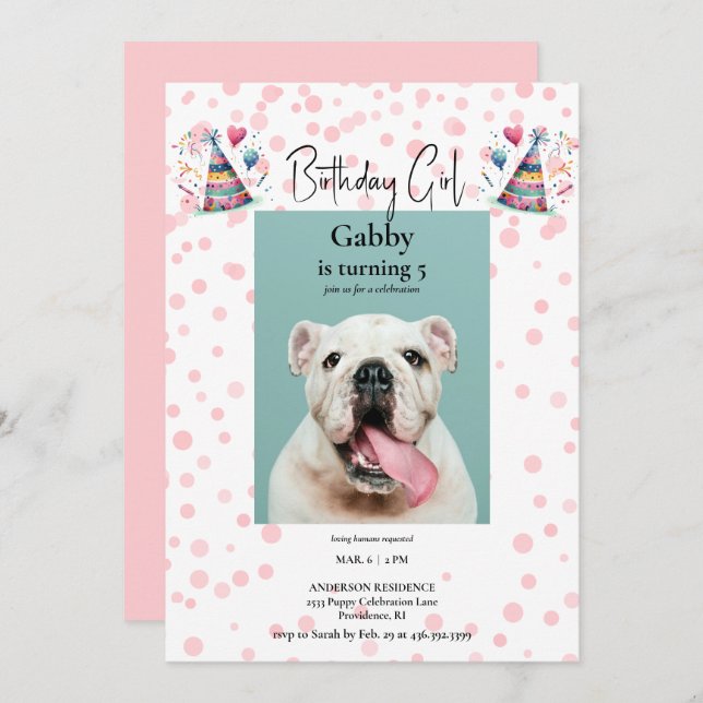 Birthday Girl Pink Pet Photo Birthday Party Invitation (Front/Back)