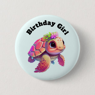 Birthday Girl - Pink Sea Turtle Whimsical & Cute 6 Cm Round Badge