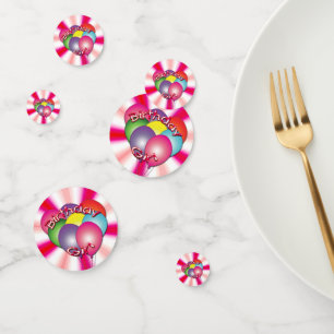 Birthday Girl Pink Swirl with Balloons Confetti
