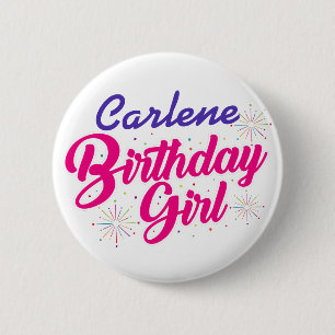 Birthday Girl Pink Text Graphic with NAME on WHITE 6 Cm Round Badge