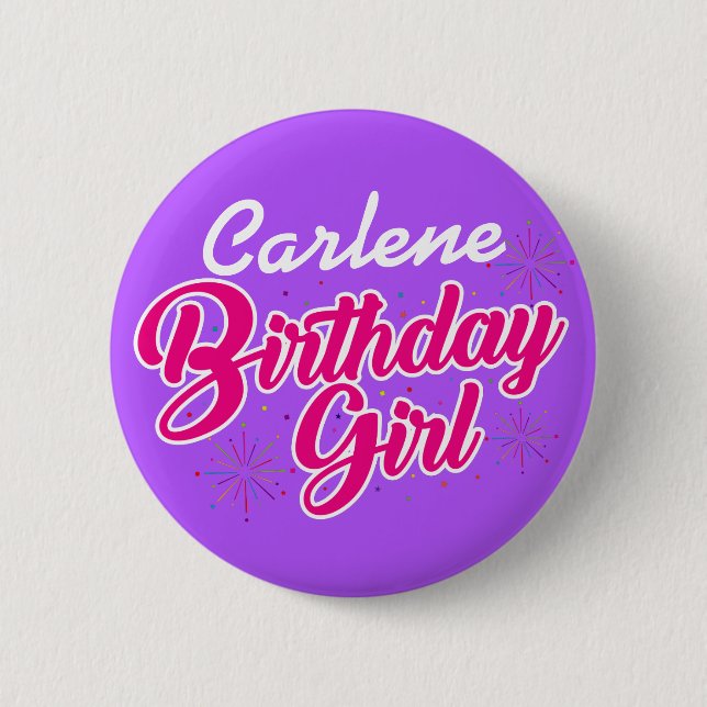 Birthday Girl Pink Typography with NAME on PURPLE 6 Cm Round Badge (Front)