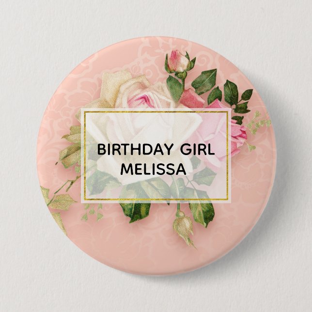Birthday Girl Pink & White Rose Floral Bouquet 7.5 Cm Round Badge (Front)