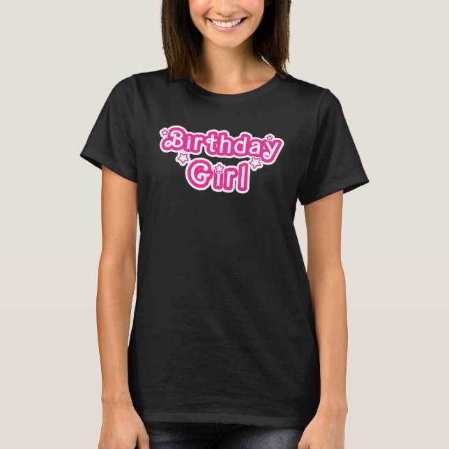 Birthday Girl Pink & White With Stars T-Shirt (Front)