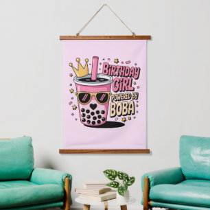 Birthday Girl Powered by Boba Bubble Tea Party Hanging Tapestry