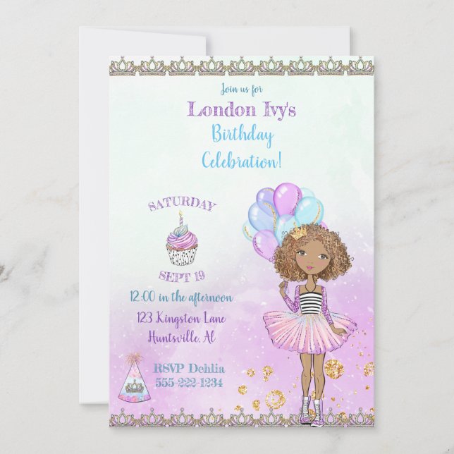Birthday Girl Princess African American Lavender Invitation (Front)