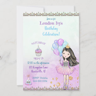Birthday Girl Princess Cupcake Balloons Lavender Invitation