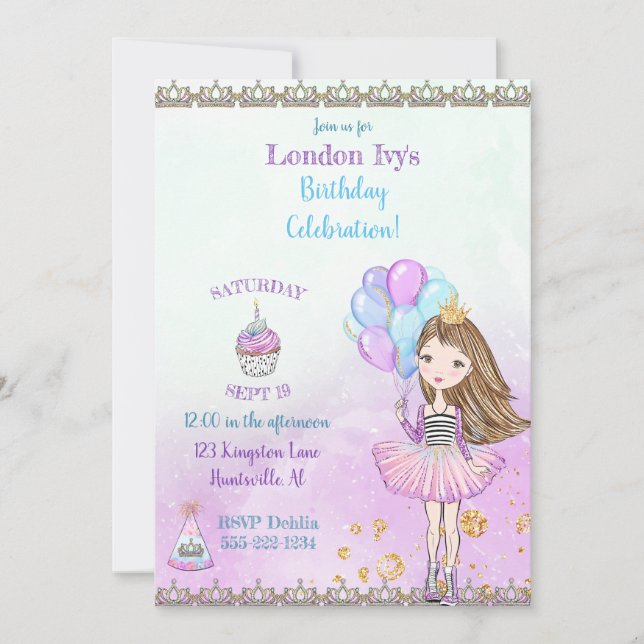 Birthday Girl Princess Cupcake Balloons Lavender Invitation (Front)