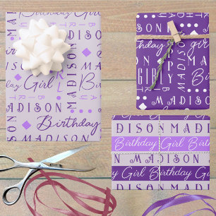 Birthday Girl Purple Cute Add A Name Personalised Wrapping Paper Sheet