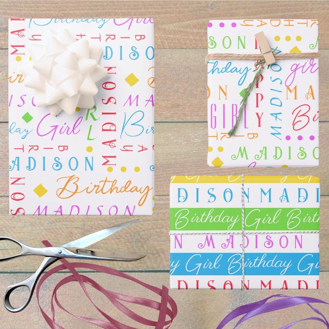 Birthday Girl Rainbow Cute Add A Name Personalised Wrapping Paper Sheet (Add a name - or 3 - to this cute birthday girl wrapping paper in rainbow colors, fun for all ages)