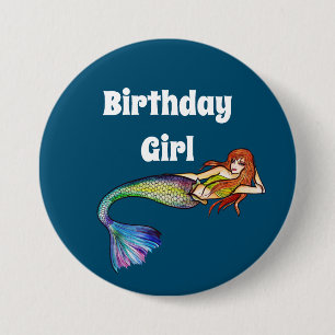 Birthday Girl Rainbow Mermaid with Ginger Hair 7.5 Cm Round Badge