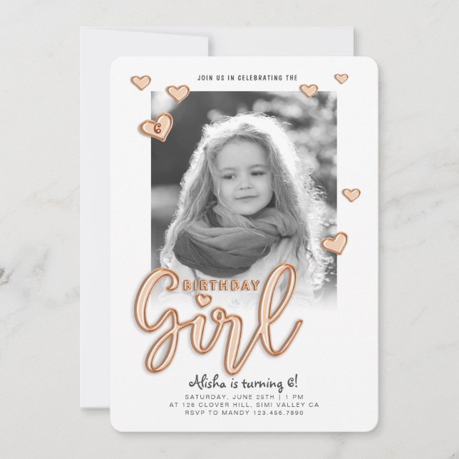 Birthday Girl Rose Gold Foil Balloon Text Photo Invitation (Front)