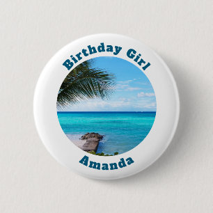 Birthday Girl  Scenic Tropical Beach Breezy Palm 6 Cm Round Badge