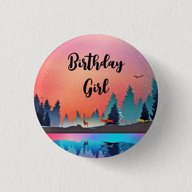 Birthday Girl Scenic Winter Lake with Deer 3 Cm Round Badge (Front)