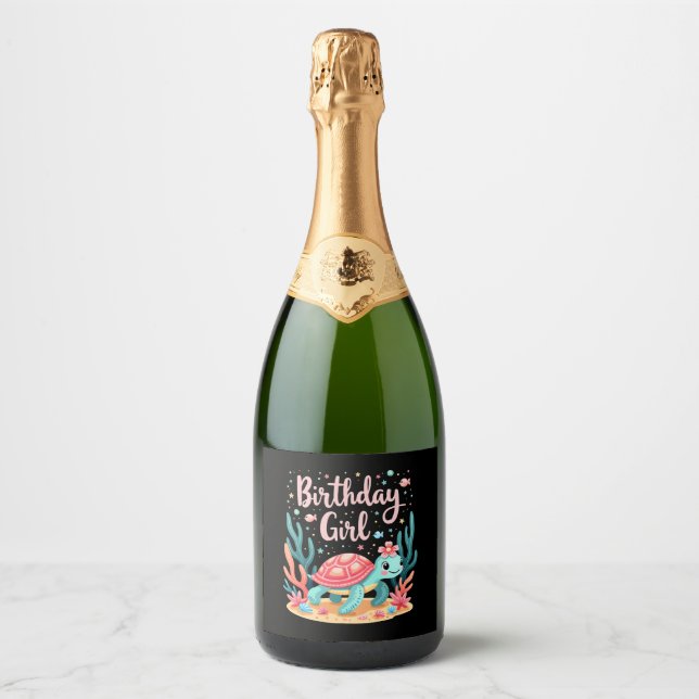 Birthday Girl Sea Turtle Theme Birthday Party Ocea Sparkling Wine Label (Front)