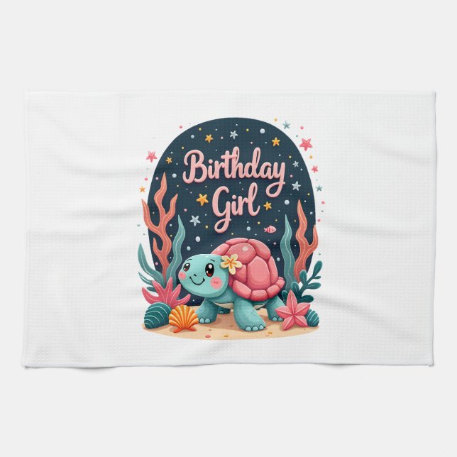 Birthday Girl Sea Turtle Theme Birthday Party Ocea Tea Towel (Horizontal)