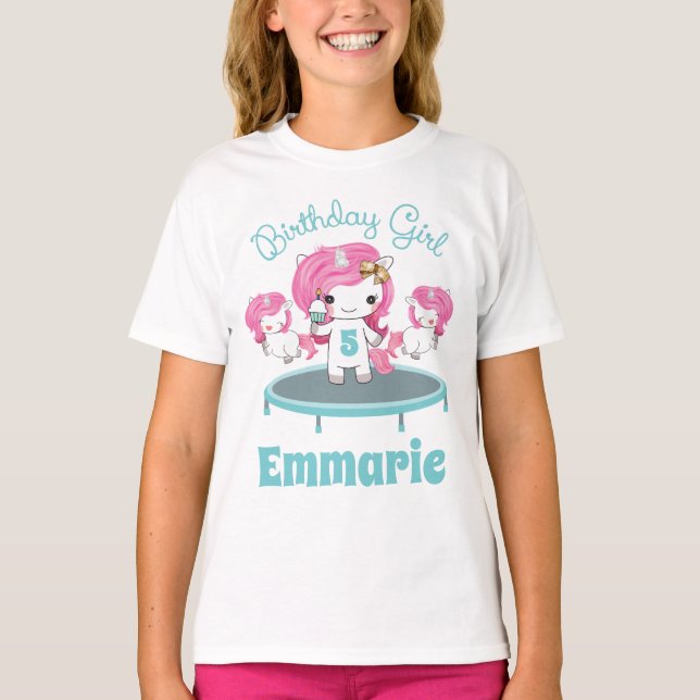Birthday Girl Shirt Unicorn Trampoline Party (Front)