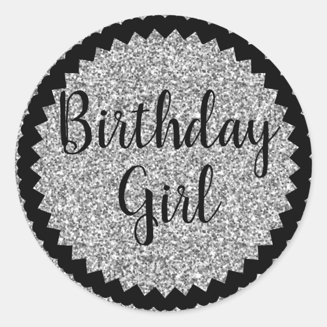 Birthday Girl Silver Glitter Classic Round Sticker (Front)
