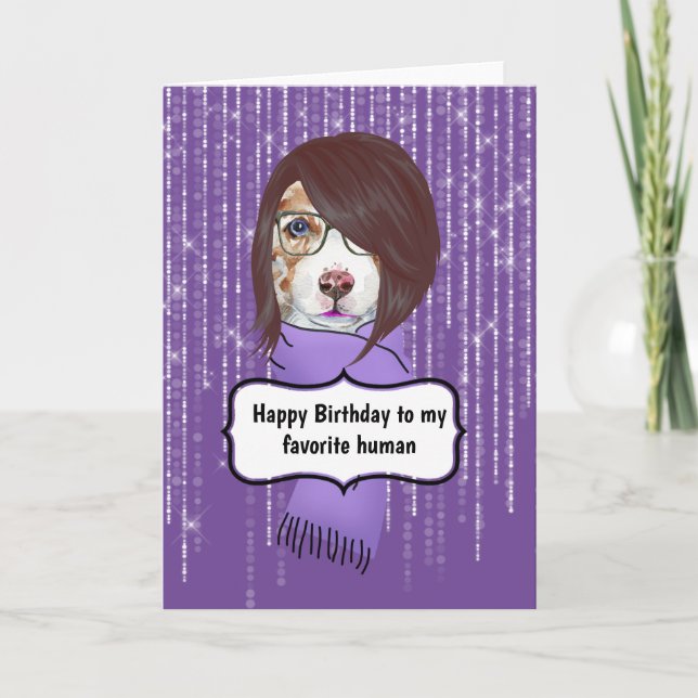 Birthday girl trendy dog cool ladies purple card (Front)