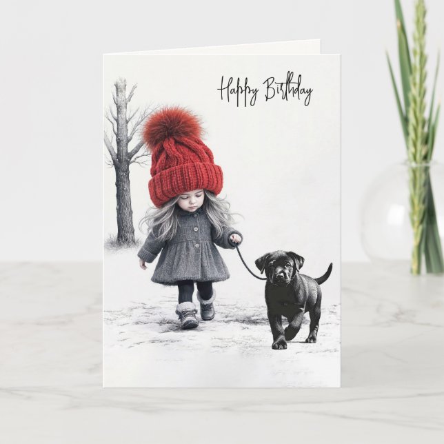 Birthday Girl Walking Her Black Dog Card (Front)