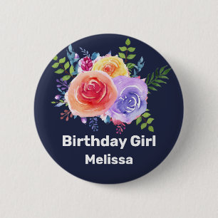 Birthday Girl Watercolor Roses 6 Cm Round Badge