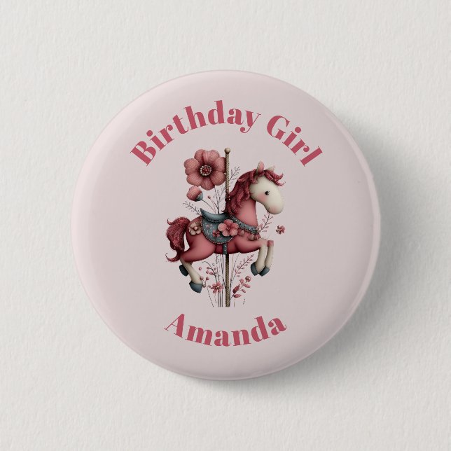 Birthday Girl Whimsical Carousel Horse Image 6 Cm Round Badge (Front)