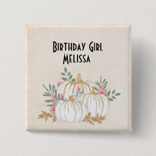 Birthday Girl White and Gold Pumpkins Watercolor 15 Cm Square Badge
