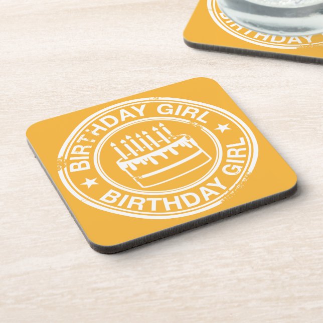 Birthday Girl -white rubber stamp effect- Coaster (Left Side)