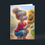 Birthday Girl With A Sunflower Card<br><div class="desc">Cute little girl enjoying a yellow sunflower for birthday.
Text is editable.</div>